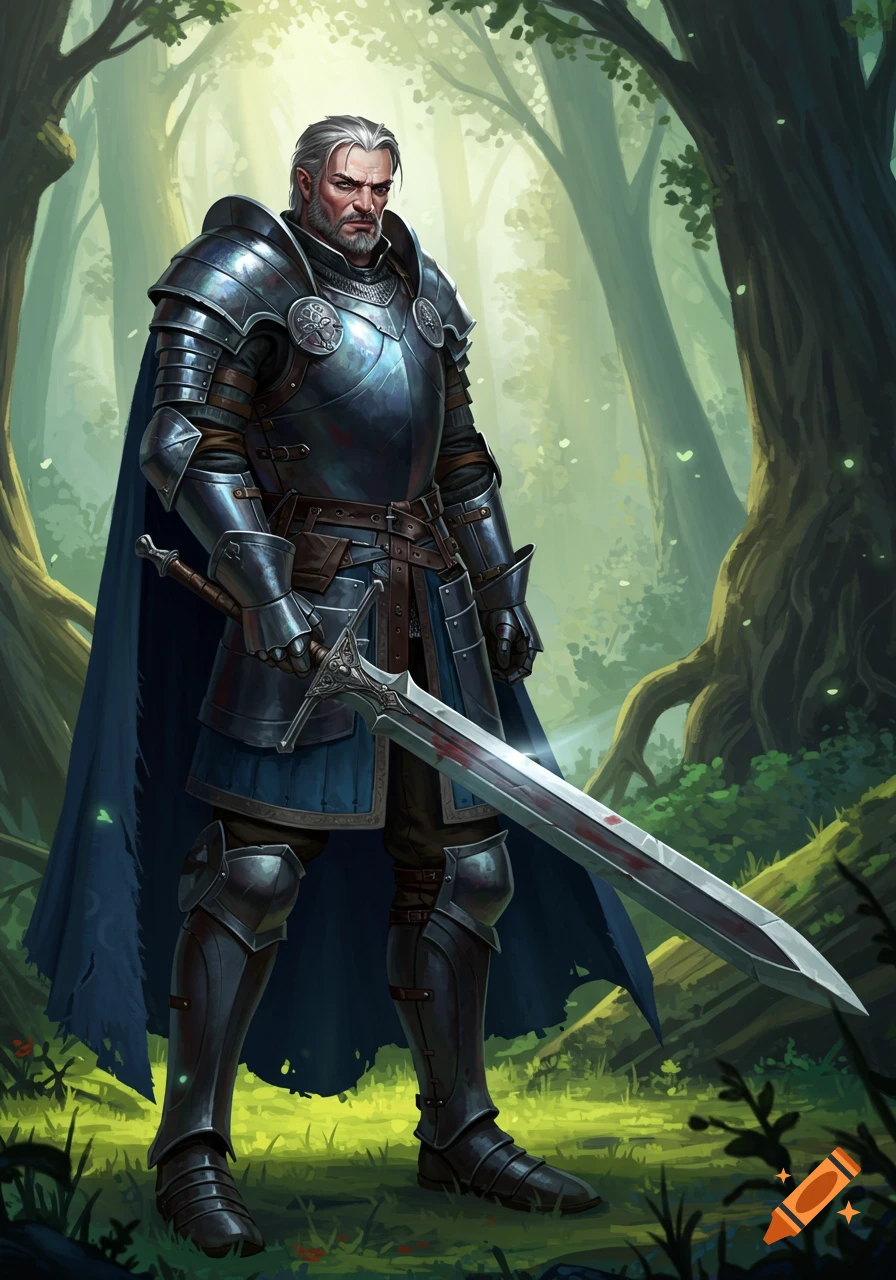 A serious medieval fantasy knight in full plate armor and a blue cape, holding a large sword with blood on it, stands in a mystical forest.
