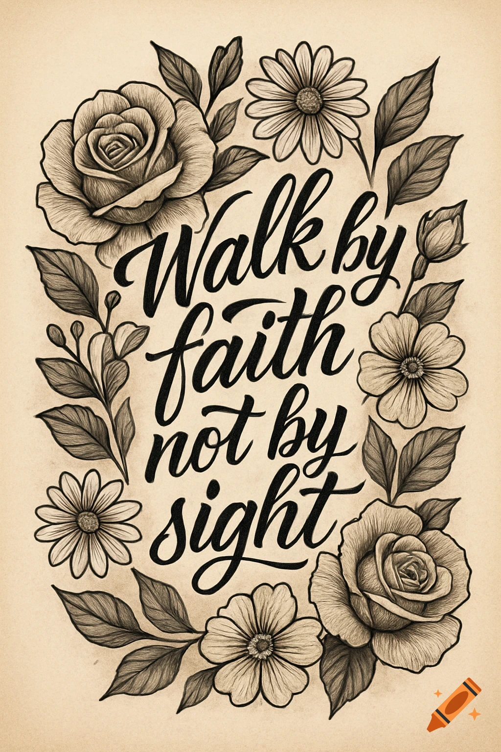 Black and white sketch of a floral border framing the text 'Walk by faith not by sight' on a sepia background.