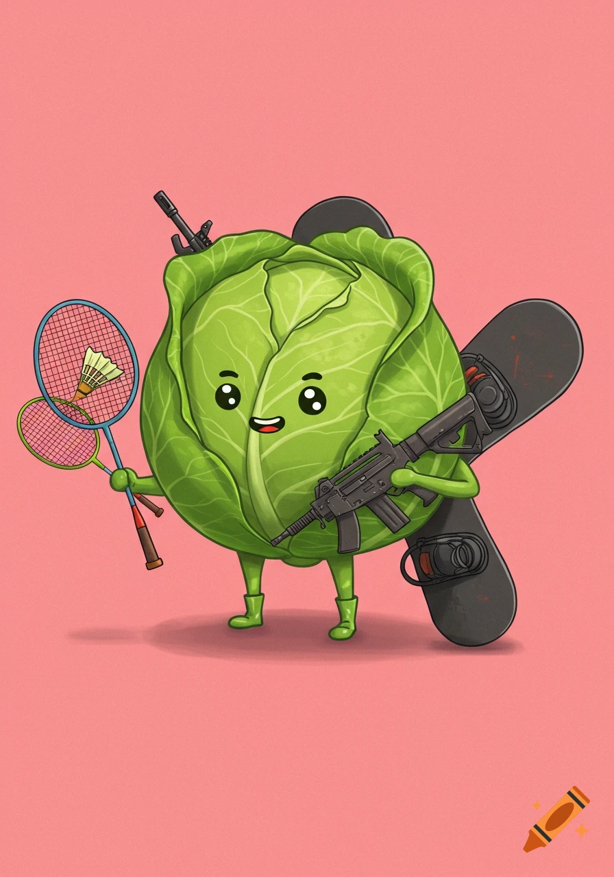 A cute cartoon cabbage with a smiling face holds two badminton rackets and an assault rifle, with a snowboard on its back, against a pink background.