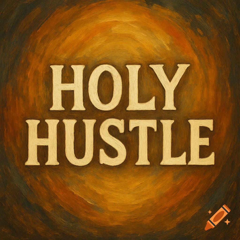 The words 'HOLY HUSTLE' in a textured font on a swirling brown and orange oil painting background.