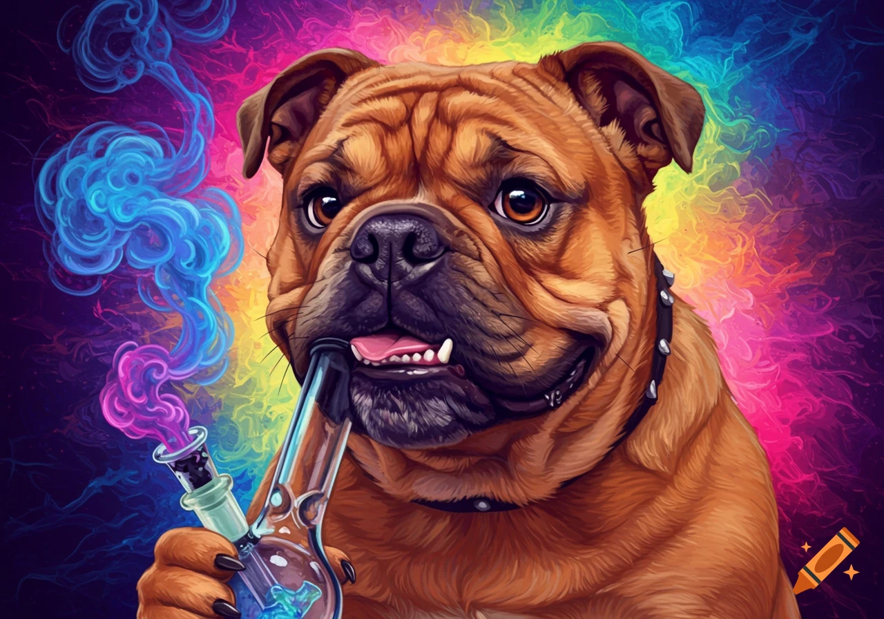 An illustration of a brown bulldog holding a bong with colorful smoke against a psychedelic background.
