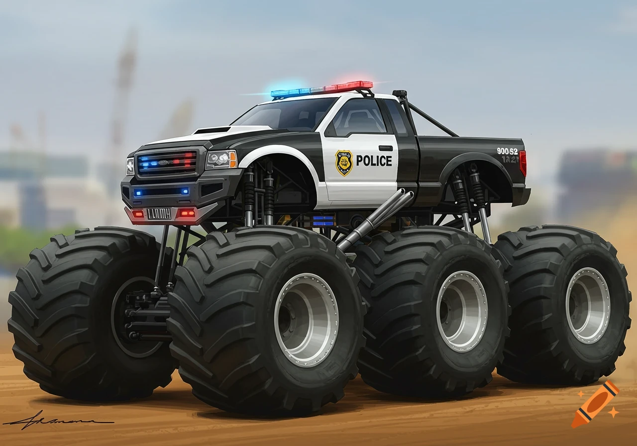 A stylized black and white police monster truck with six oversized wheels and blue and red lights on the roof, parked on a dirt road.