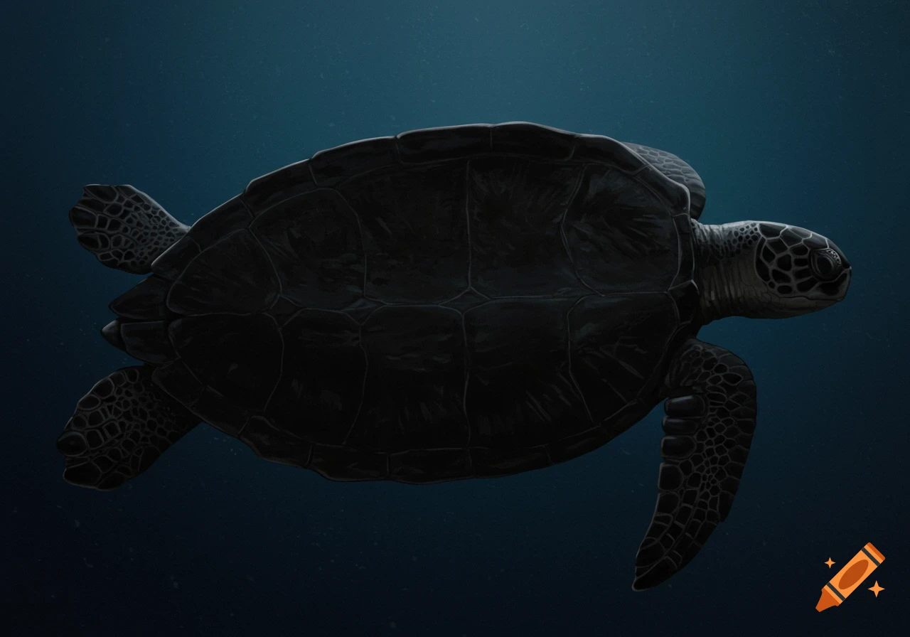 A dark sea turtle swims in deep blue water, viewed from above. on Craiyon