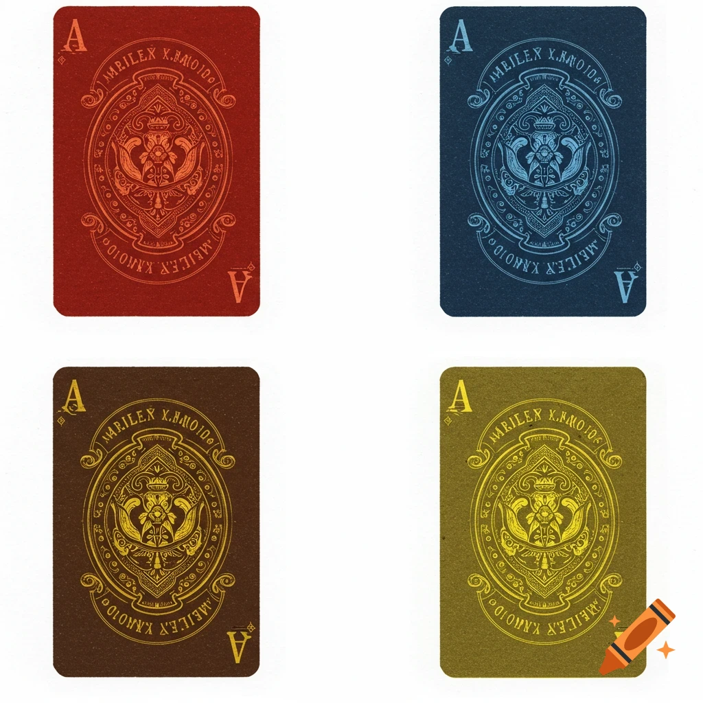 Four playing card backs in red, blue, brown, and olive green, each with an 'A' in the corners and an ornate central design.