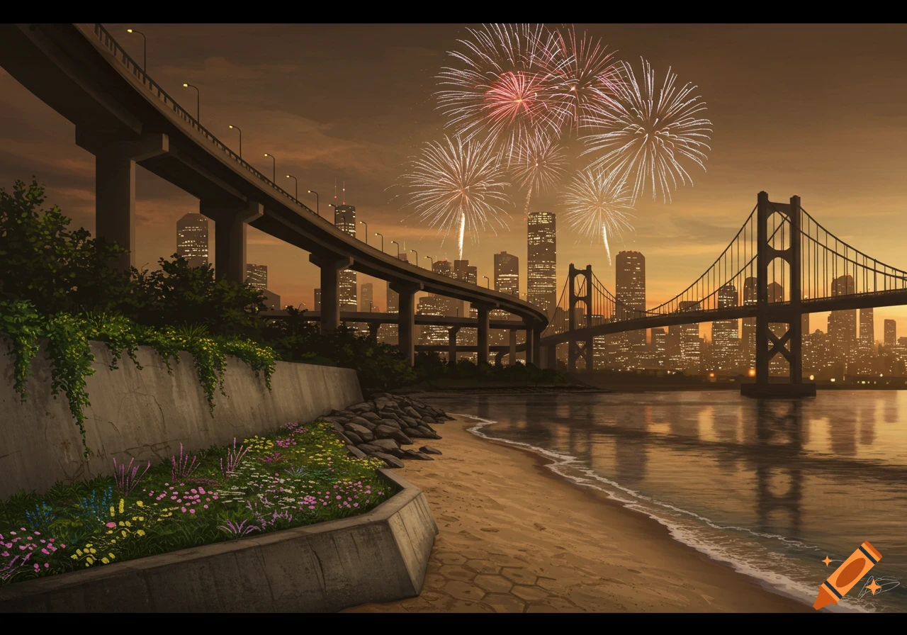 A landscape featuring a city skyline at sunset, with fireworks exploding above a large bridge and an elevated highway overlooking a sandy beach and a garden wall.