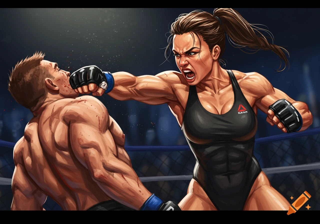 Stylized illustration of a female fighter landing a punch on a male opponent during an MMA match.