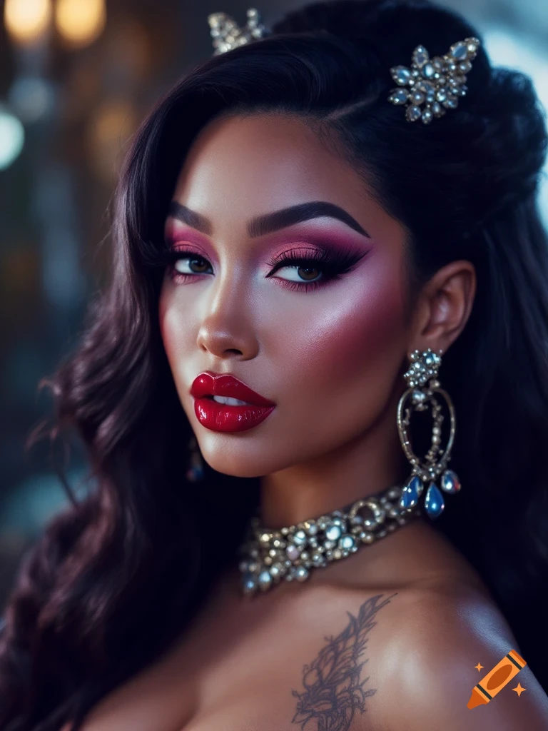 A glamorous woman with dark hair, vibrant pink eyeshadow, red lipstick, and ornate jewelry, in a photorealistic style.