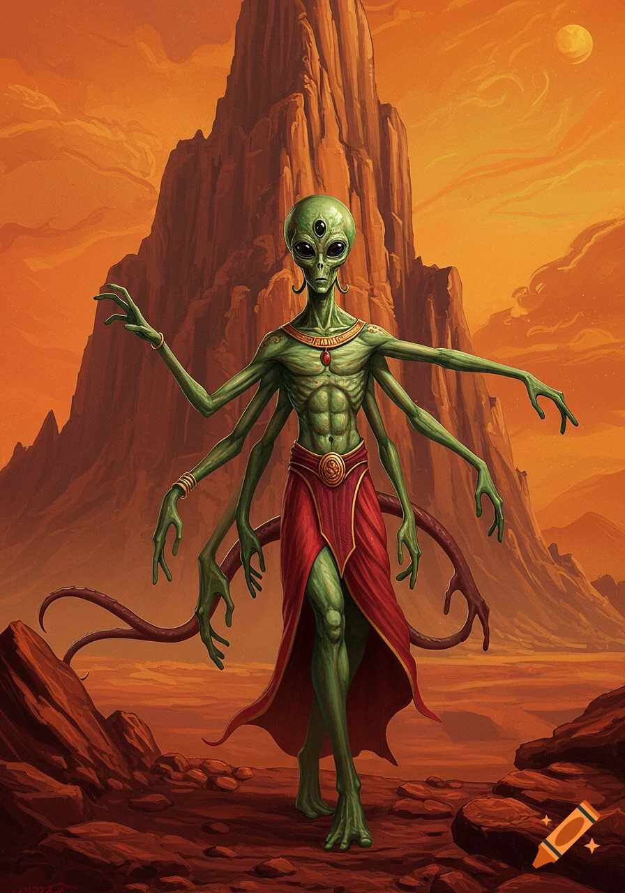 A multi-limbed green alien in a red robe stands in an orange desert with large rock formations.