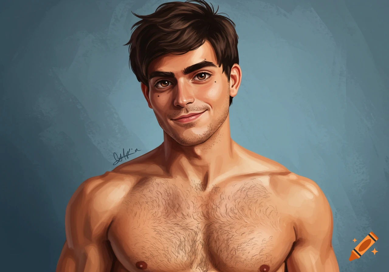 A smiling man with dark hair and chest hair, depicted in a digital art style, against a blue background.