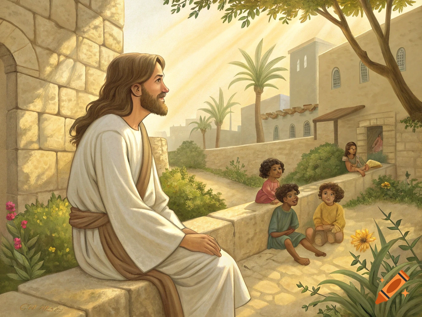 Jesus with long brown hair and a white robe sits on a stone wall, smiling at several children playing in a sunlit ancient courtyard.