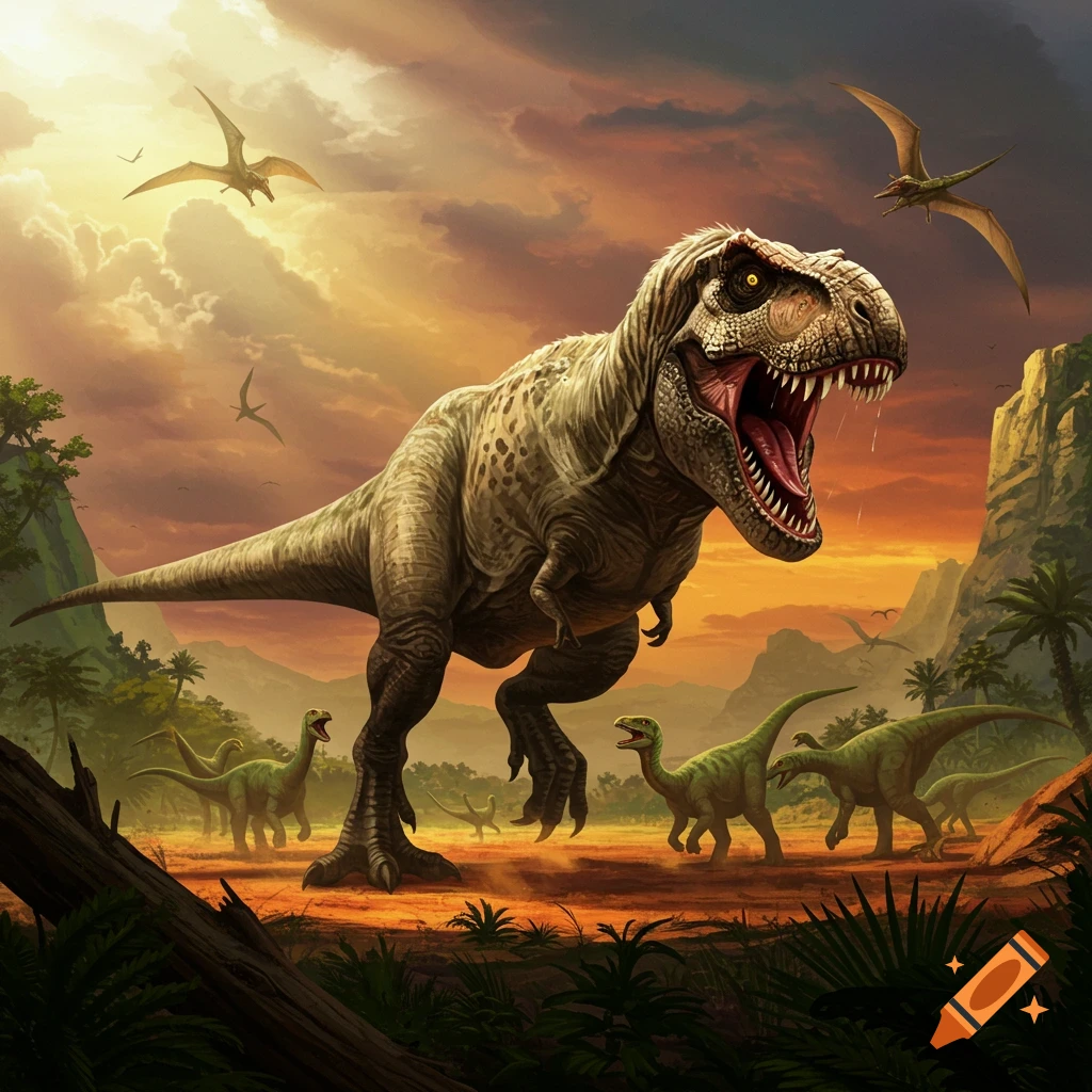 A mighty Tyrannosaurus Rex roars in a lush prehistoric landscape with smaller dinosaurs and pterodactyls under a vibrant sunset sky.