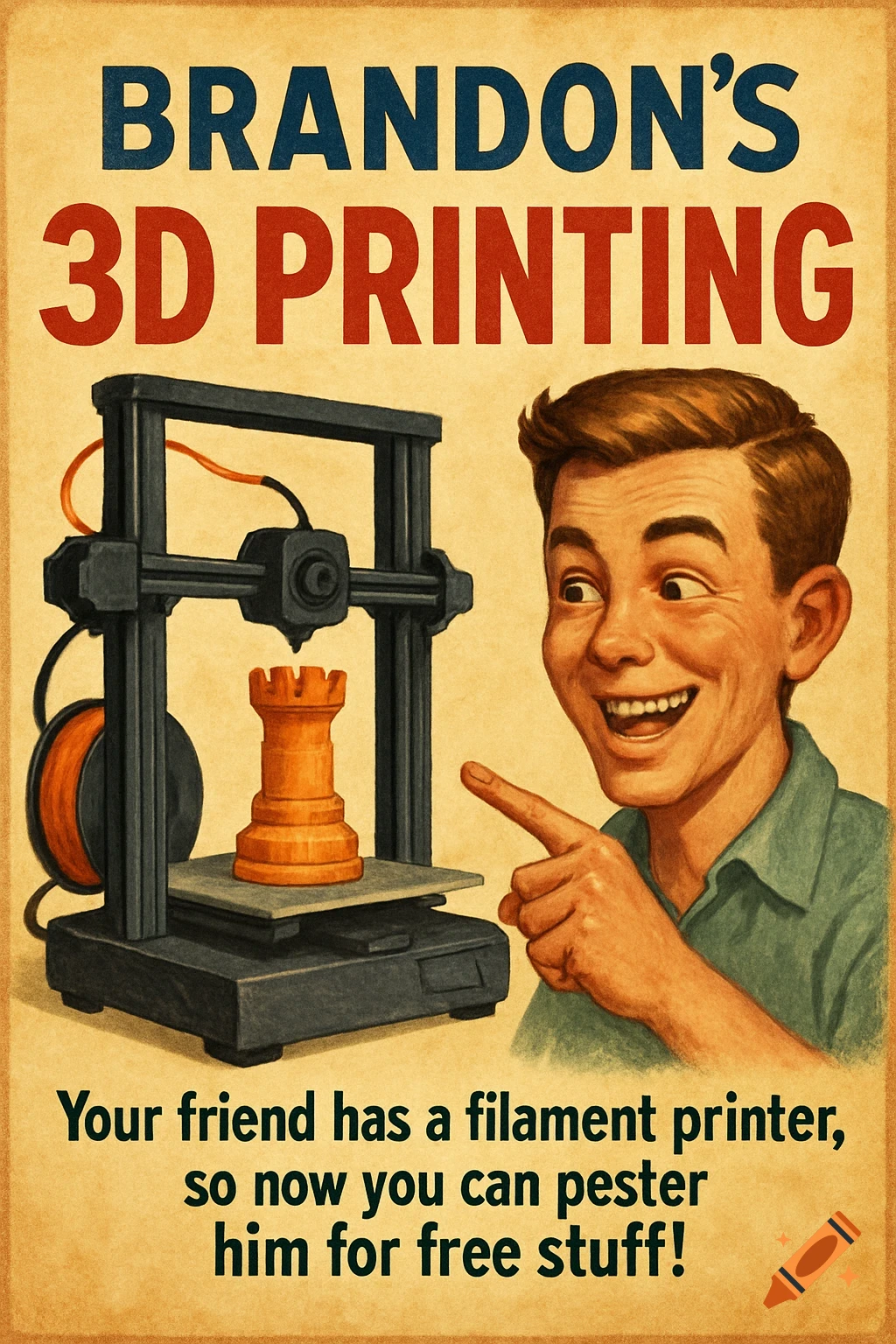 A vintage advertisement for 'Brandon's 3D Printing' featuring a smiling boy pointing at a 3D printer making a chess rook.