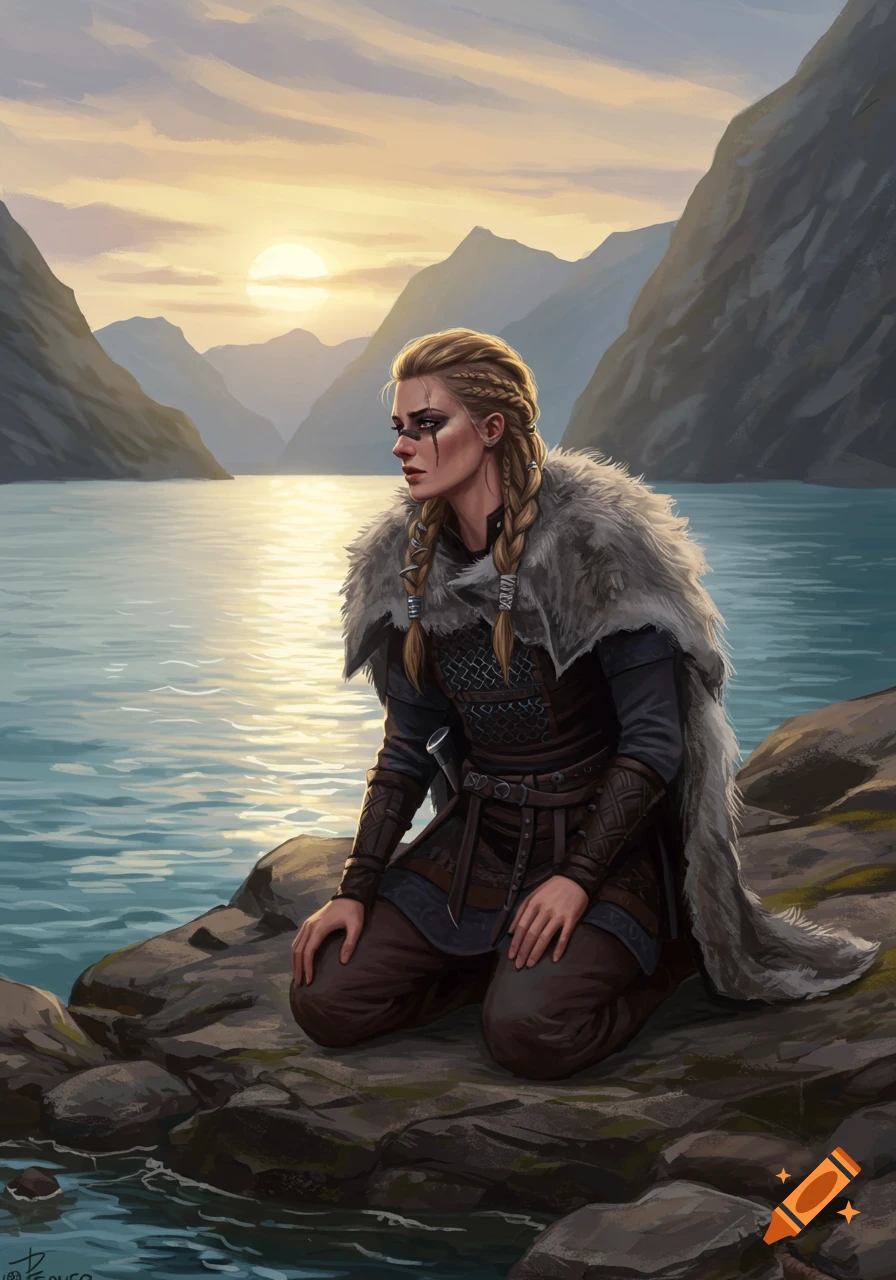 A blonde Viking woman with braided hair and war paint kneels by a calm ...