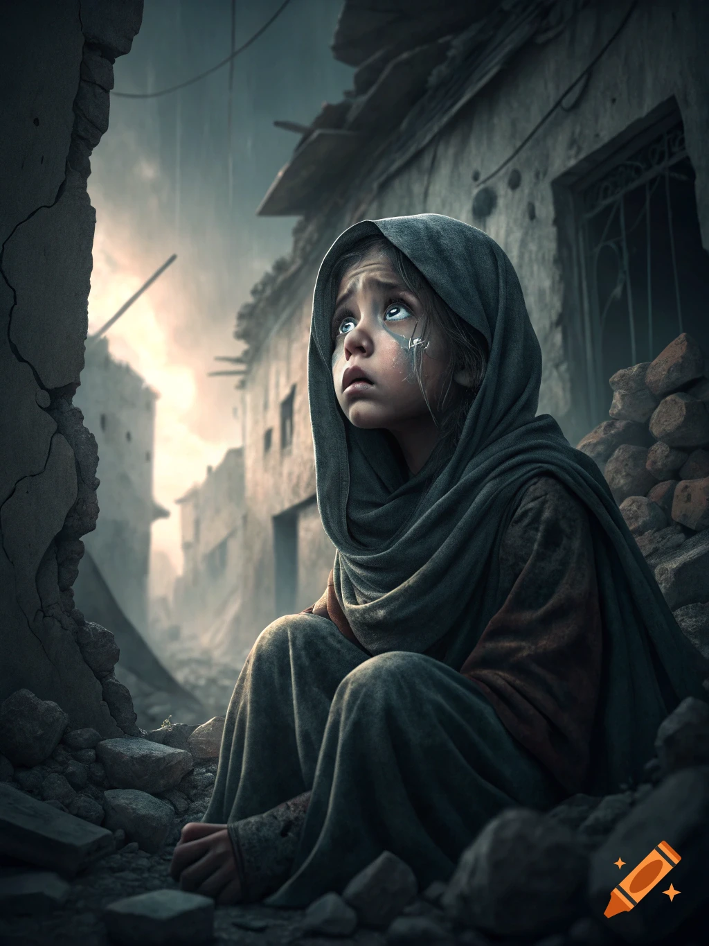 A young girl with a headscarf sits amidst ruins, looking up with tears in her eyes under a dark, cloudy sky.