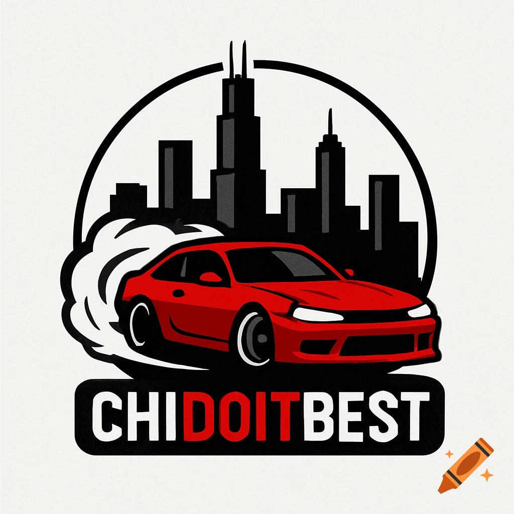 A minimalist logo featuring a red car doing a donut with white smoke, in front of a black city skyline inside a circular outline. Below the car is a black rectangle with white text "CHI" and "BEST" and red text "DOIT".