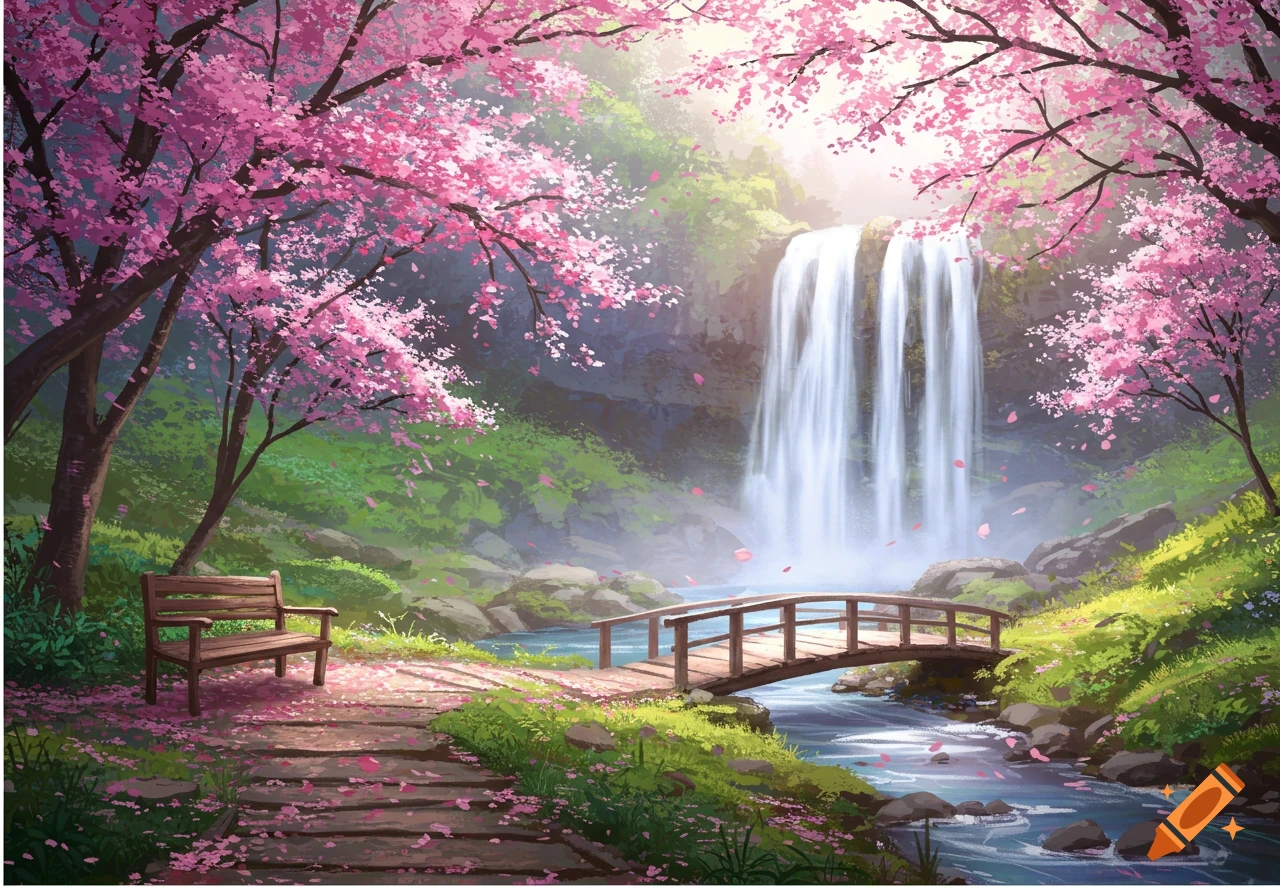 A vibrant landscape featuring a waterfall, a wooden bridge over a stream, a park bench, and trees covered in bright pink cherry blossoms.
