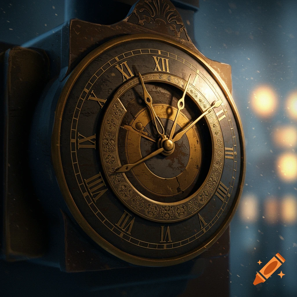 A close-up, angled view of an ornate, distressed vintage clock with Roman numerals and gold hands, against a dark, softly blurred background with warm lights.
