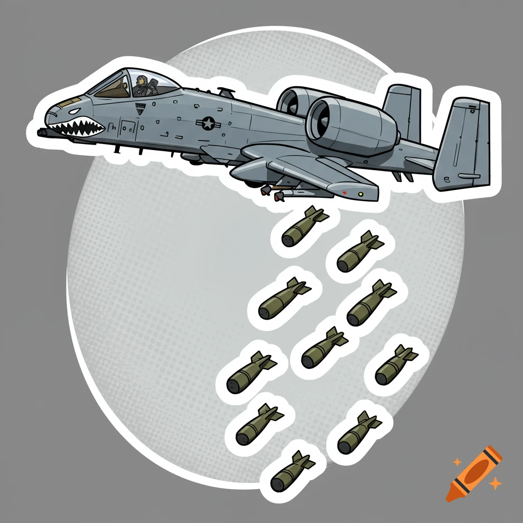 Sticker-style digital illustration of a gray A-10 Warthog dropping bombs in a comic-style military art on a light gray background.