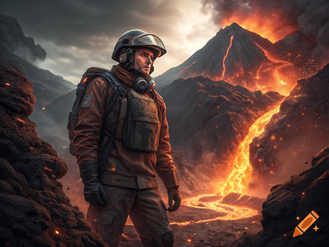 A photorealistic image of a person in a protective suit standing in a volcanic landscape with flowing lava.