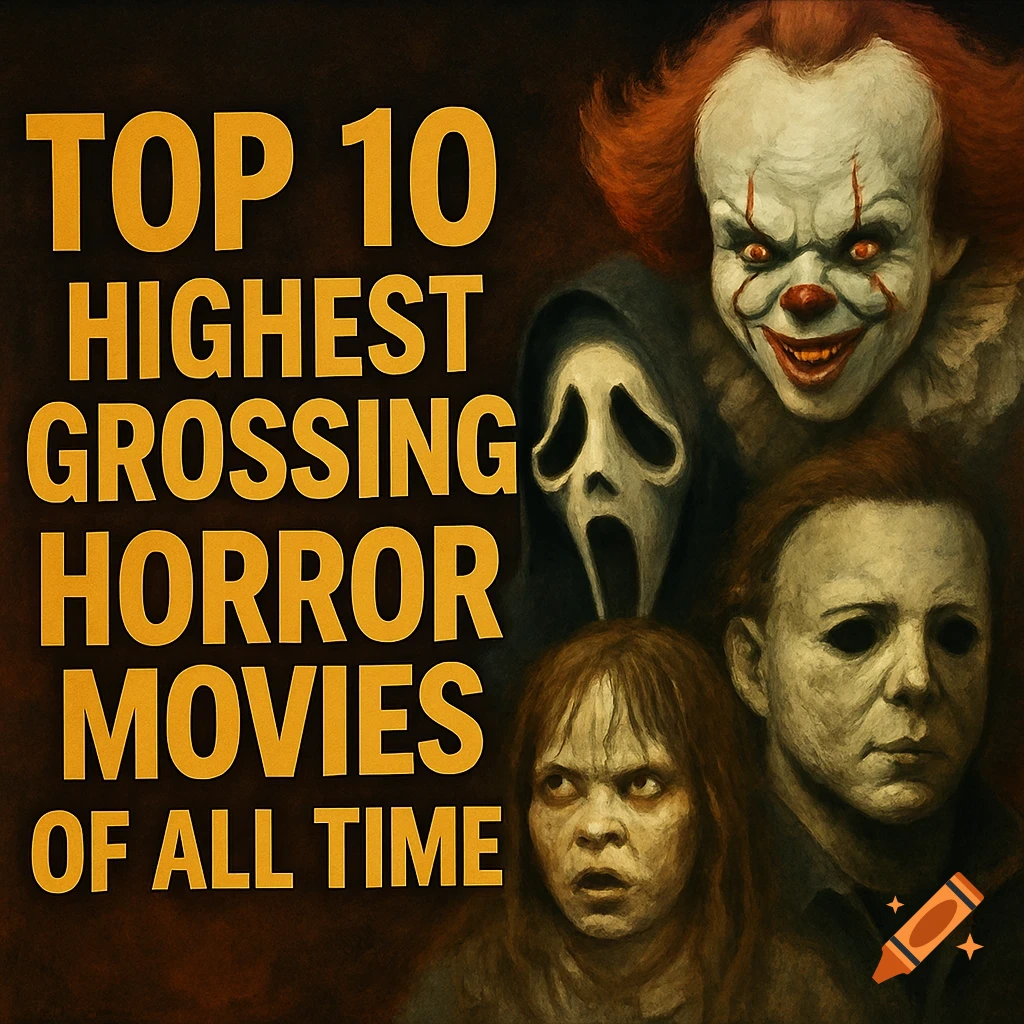 A painted image of horror movie characters Pennywise, Ghostface, Regan, and Michael Myers with text 'TOP 10 HIGHEST GROSSING HORROR MOVIES OF ALL TIME'.
