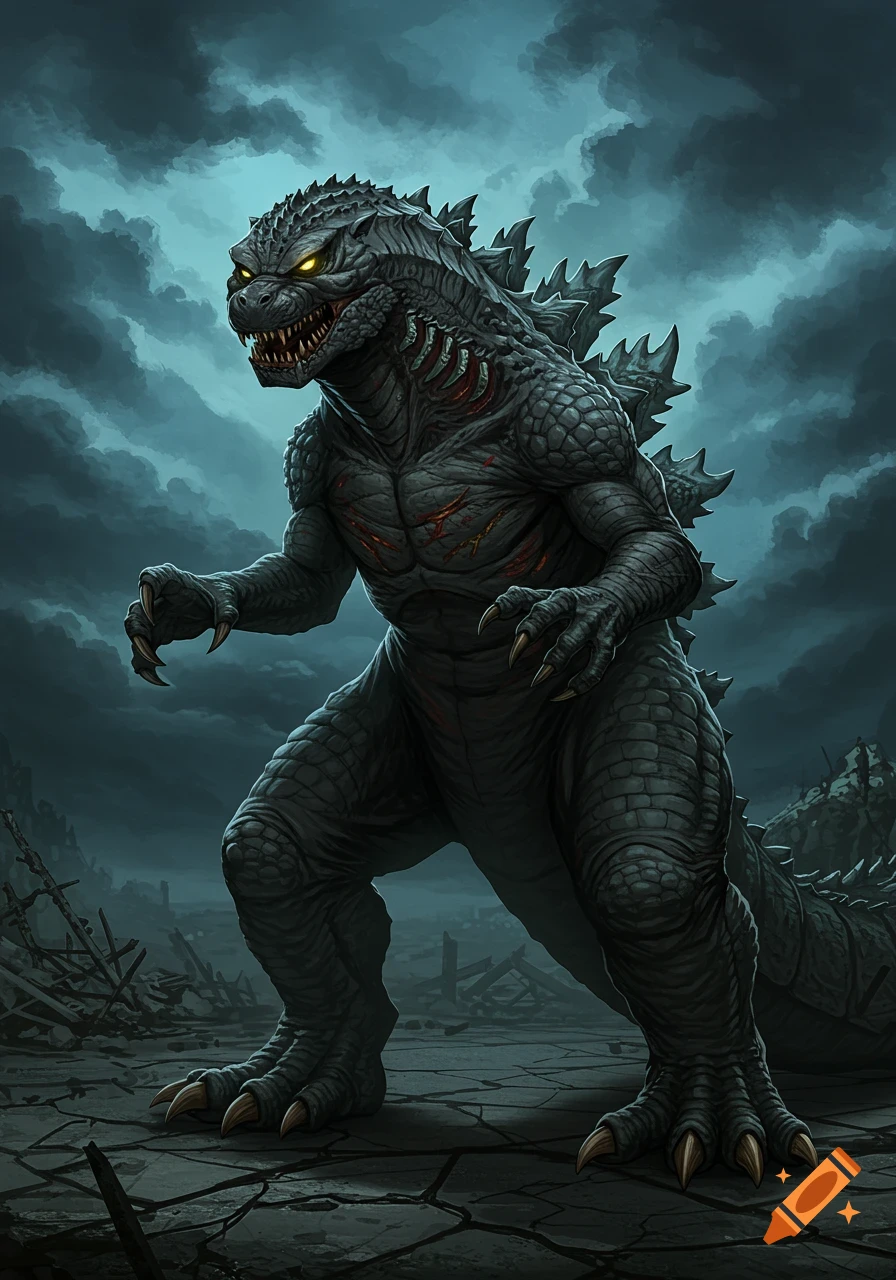 Godzilla, a large reptilian monster with glowing yellow eyes and scars, stands in a ruined city under a stormy, teal sky.