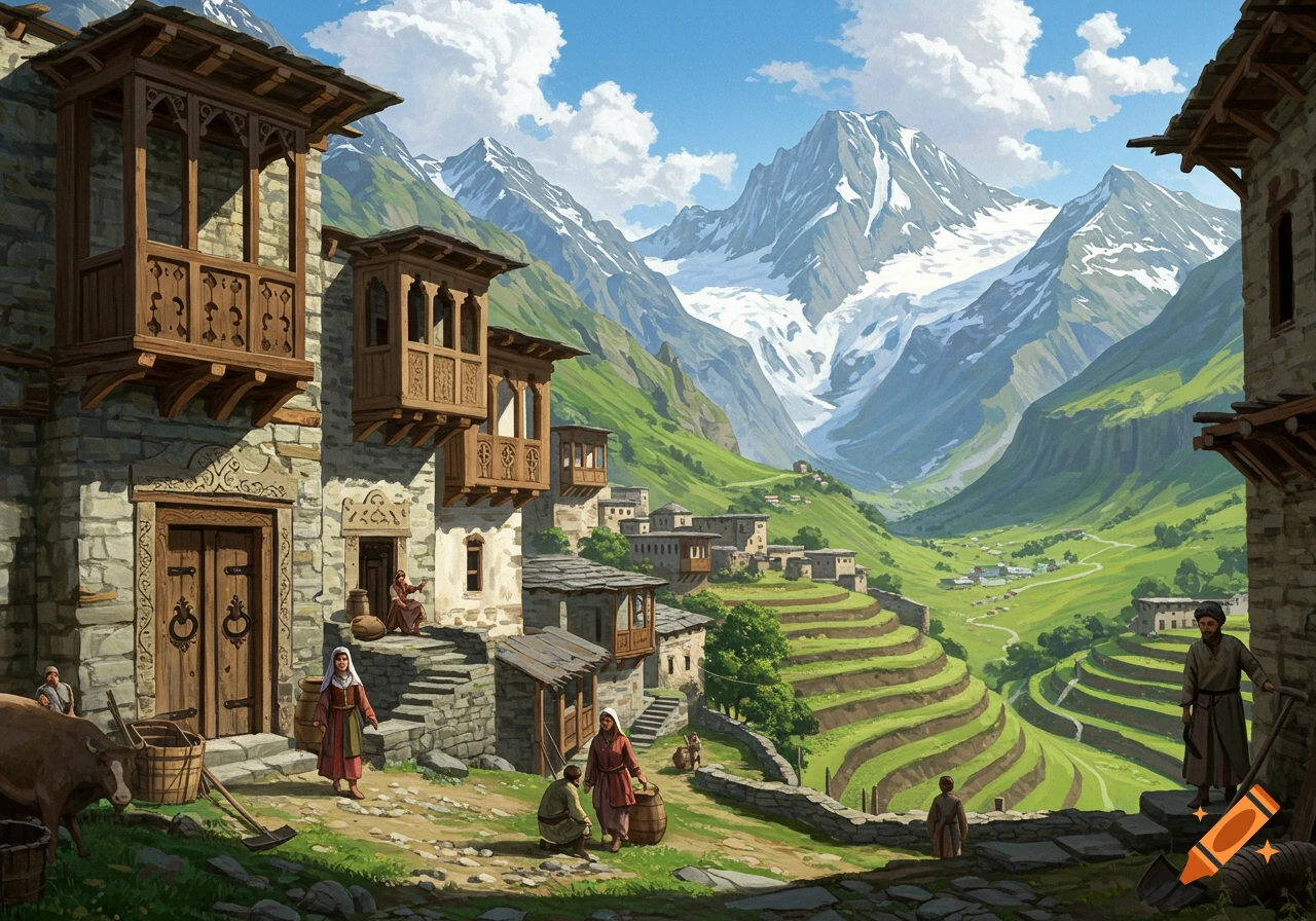 A picturesque mountain village with stone houses and wooden balconies nestled in a green valley with terraced fields and snow-capped peaks under a blue sky.