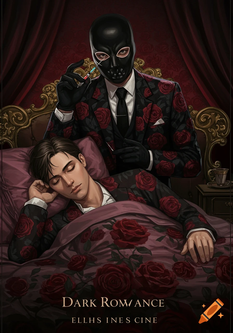 Illustration of a masked person in a rose-patterned suit holding a syringe over a man sleeping in a rose-patterned bed. Text reads 'Dark Romance'.
