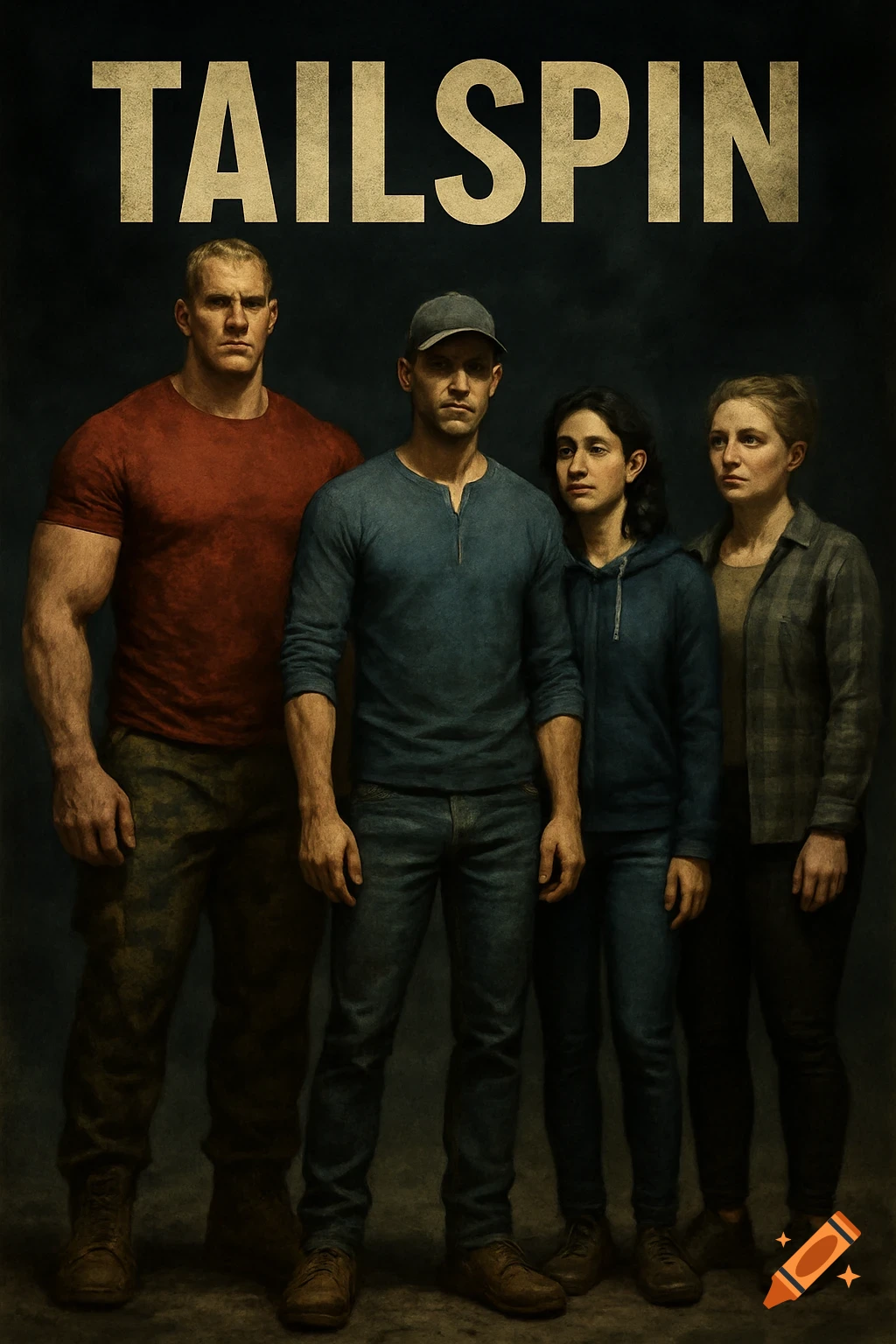 A dark movie poster featuring four serious-looking individuals standing side-by-side, with the title 'TAILSPIN' above them.