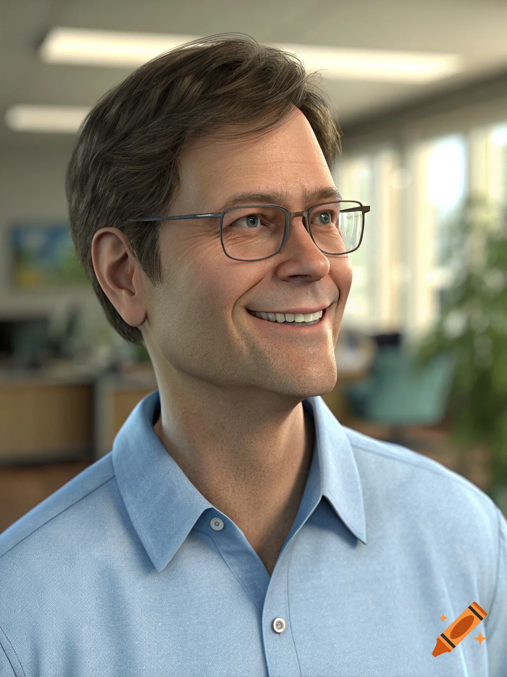 A photorealistic portrait of a smiling middle-aged man with glasses and a light blue shirt in an office.
