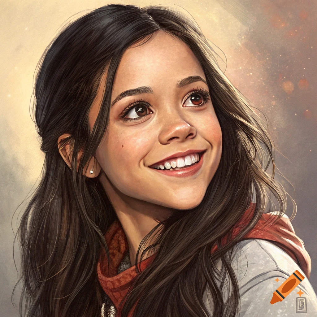 A bright, smiling portrait of a young woman with long dark hair, looking upwards, in a soft, illustrative style.