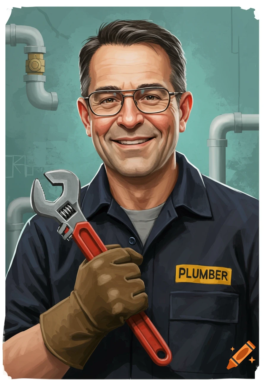 A smiling male plumber with glasses in uniform holds a large wrench, set against a background of pipes in an illustrative style.