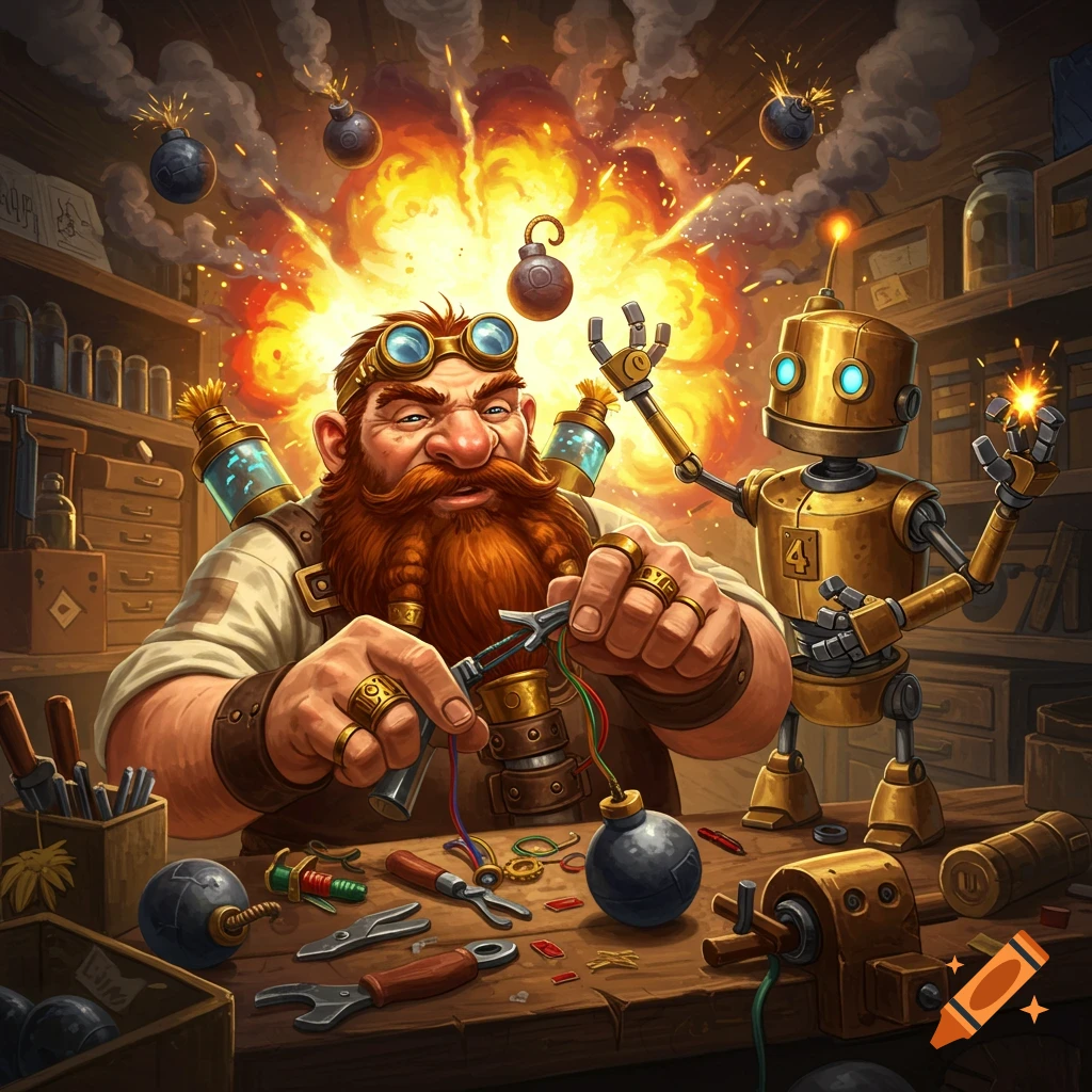 A cartoonish dwarf tinker works on a bomb at a cluttered workbench, assisted by a small golden robot. Explosions and smoke fill the background.