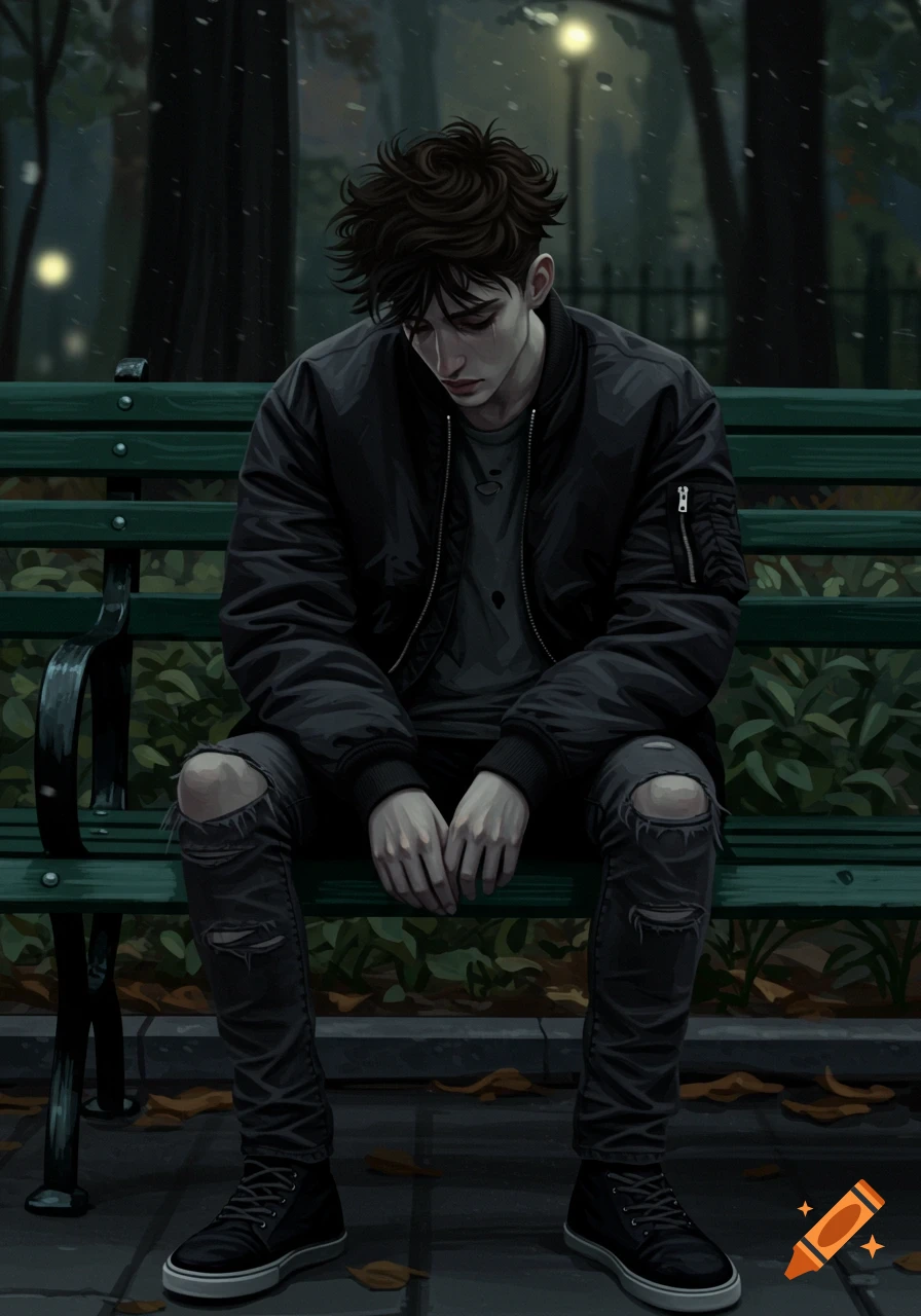A melancholic young man with dark hair sits alone on a green park bench, dressed in a black bomber jacket and ripped jeans, as faint rain falls at night.
