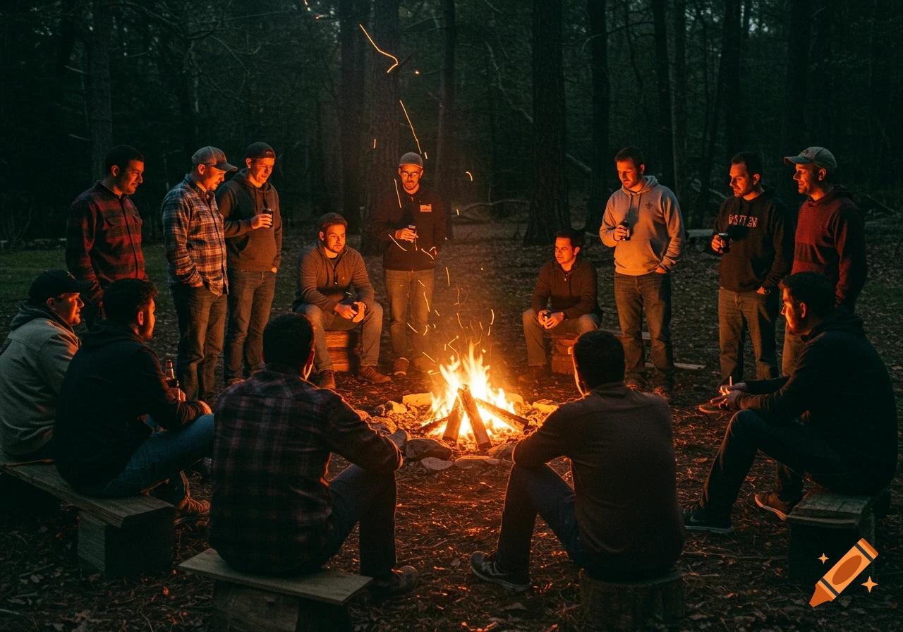 A group of men gathered in a circle around a warm campfire in a dark forest at night, seen from behind some of the individuals.