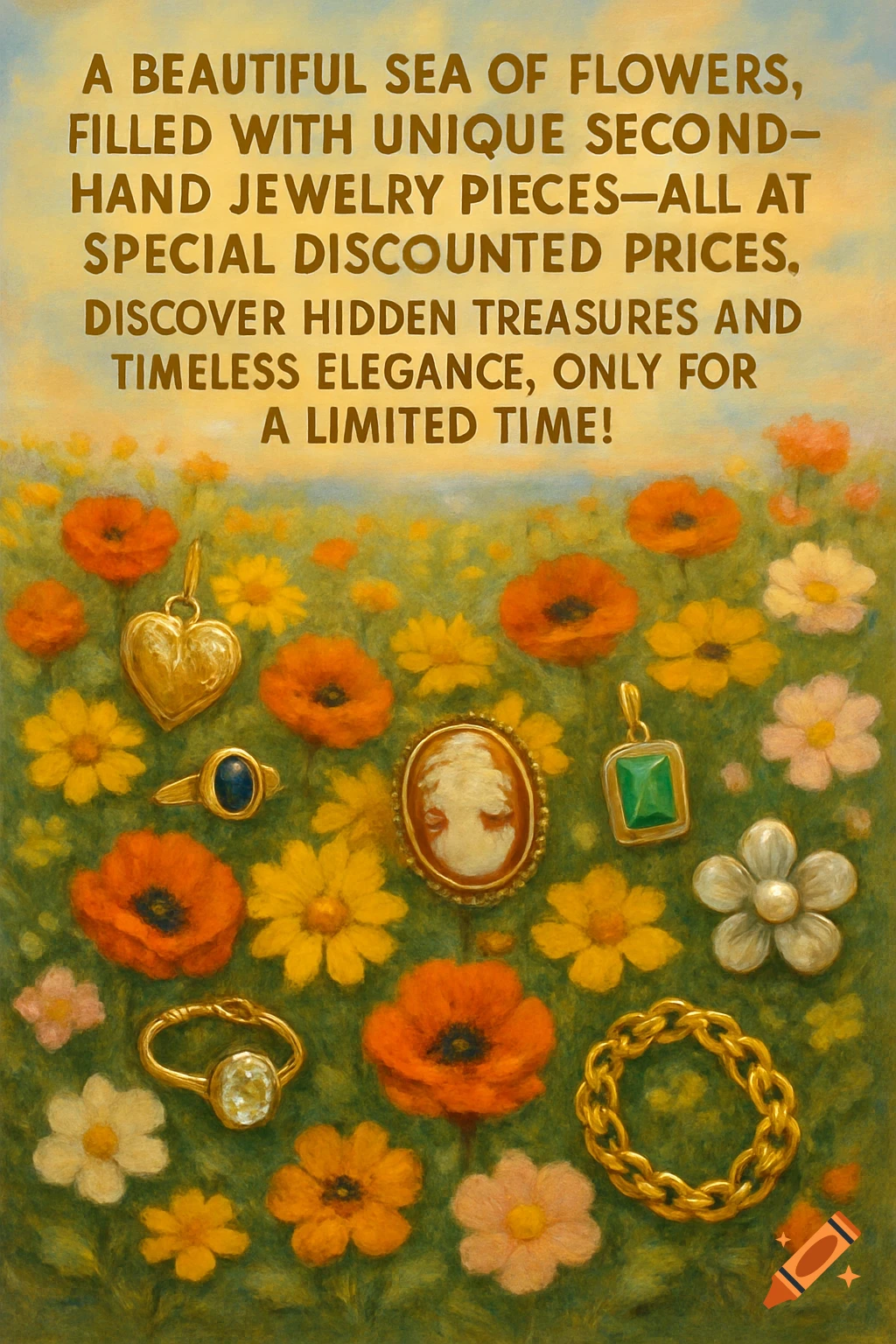 A colorful painting of a field of flowers with various vintage jewelry pieces scattered amongst them, accompanied by a promotional text overlay.