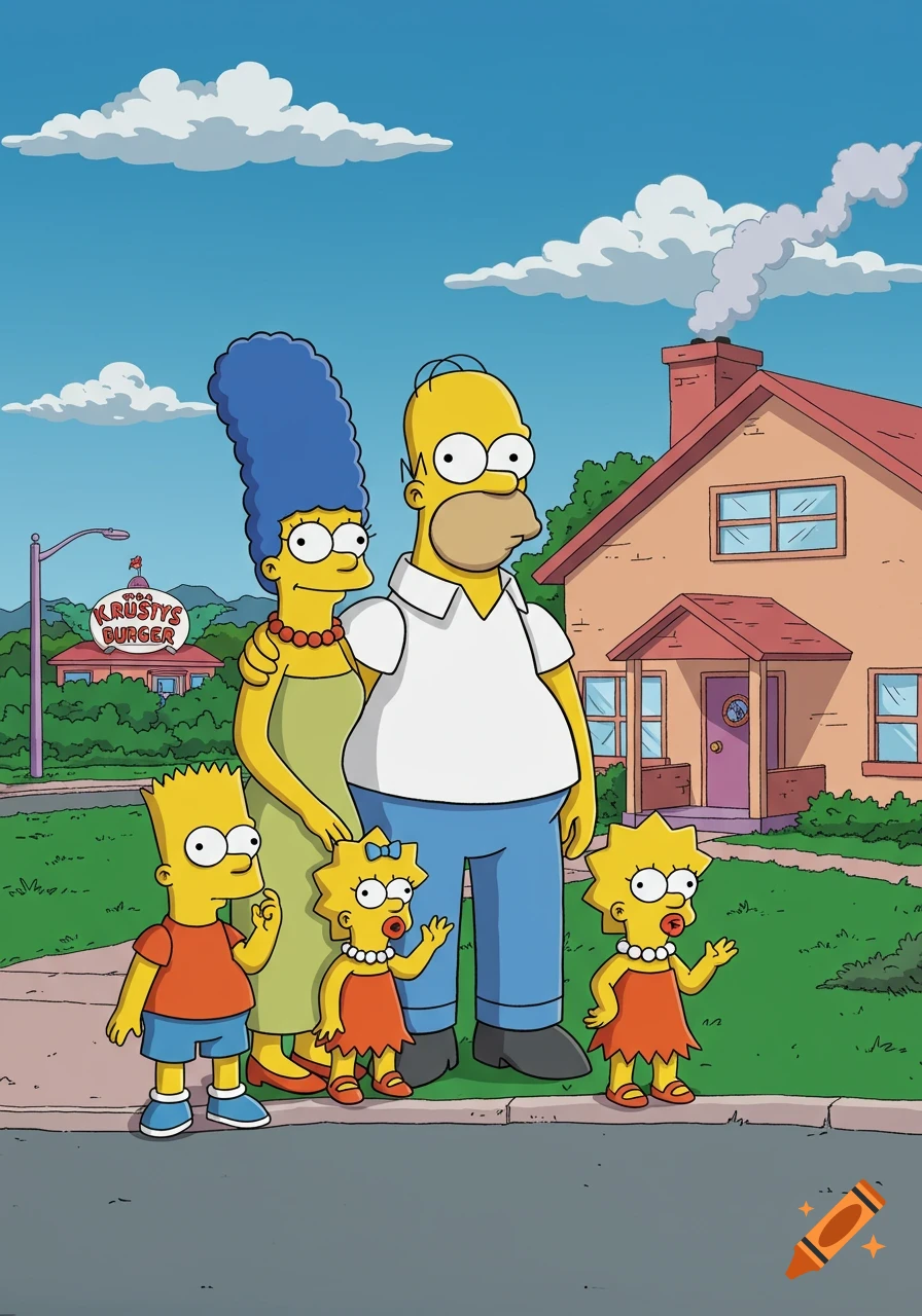 The Simpsons family, Homer, Marge, Bart, Lisa, and Maggie, stand outside their house with Krusty Burger in the background.
