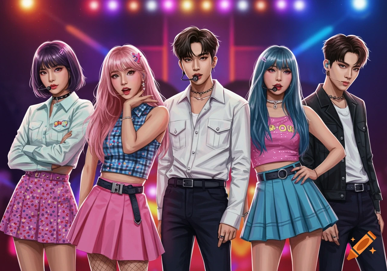 An illustration of a vibrant five-member co-ed K-pop group performing on a stage with bright lights.