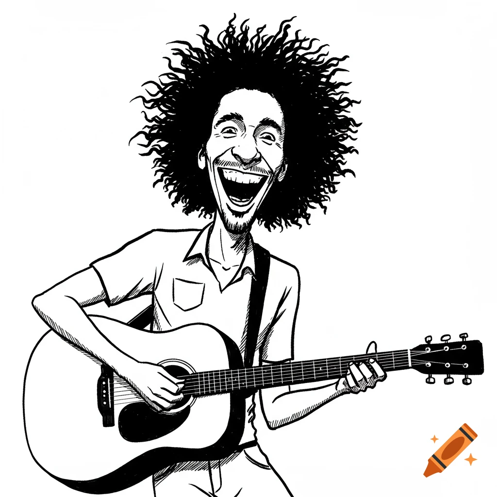 A black and white sketch of a smiling man with wild hair playing an acoustic guitar.