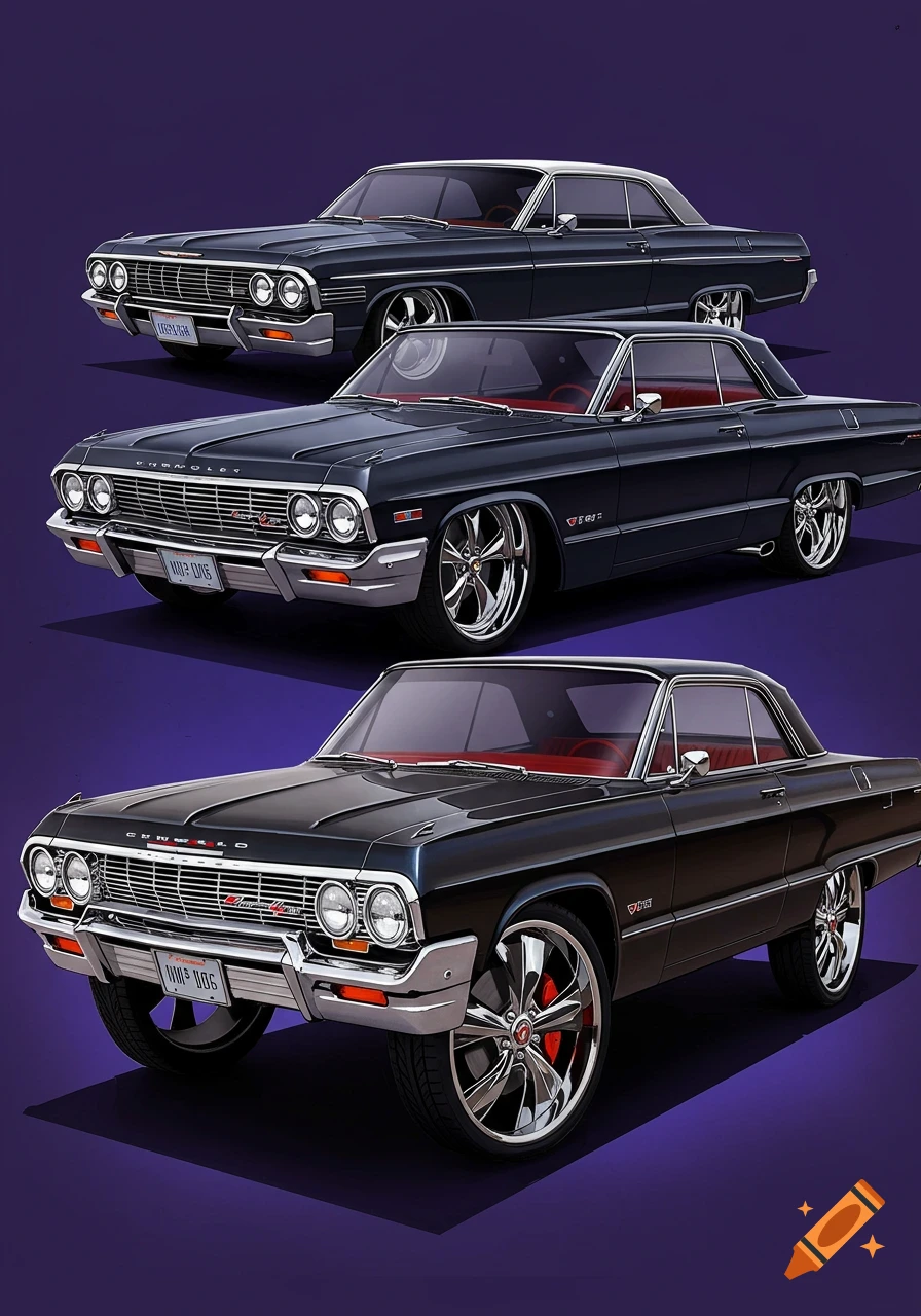 Three dark blue classic Chevrolet Impalas with chrome details and red interiors, stacked vertically against a purple background.