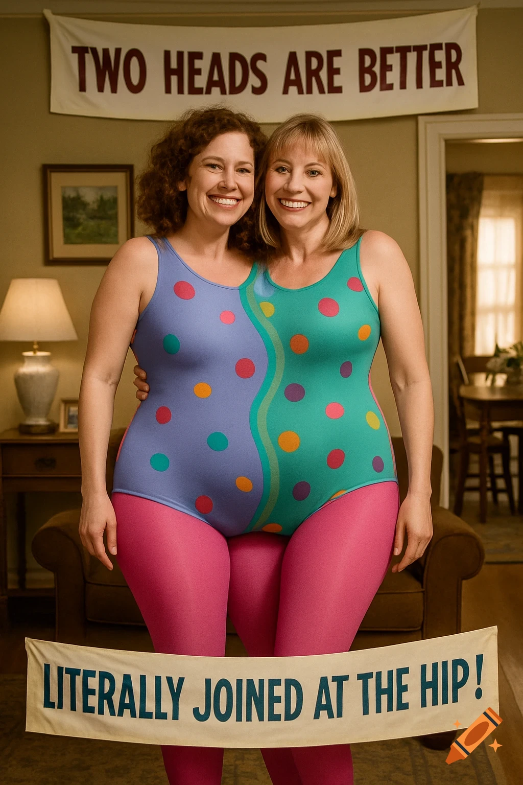 Two smiling women in a merged polka-dot leotard and pink tights creating a two-headed illusion in a living room.