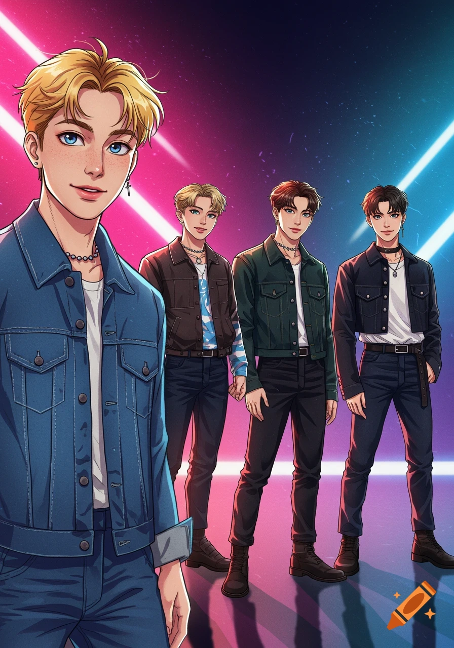 Four anime-style male figures, one in the foreground, against a vibrant pink and blue neon background.