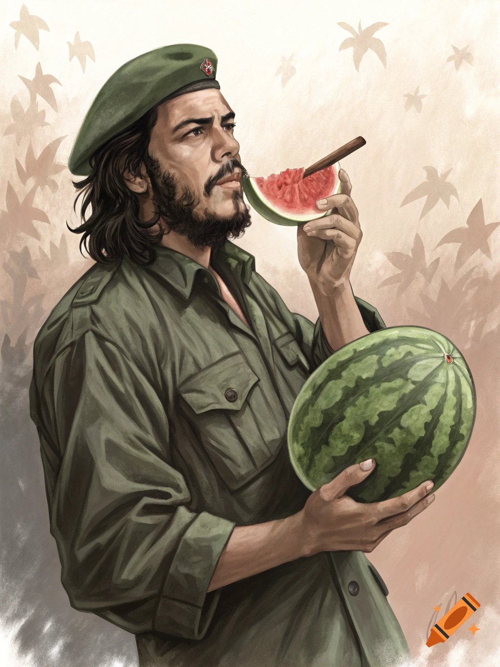 Illustration of Che Guevara holding watermelons, with a slice of watermelon and a stick in his mouth, set against a stylized background.