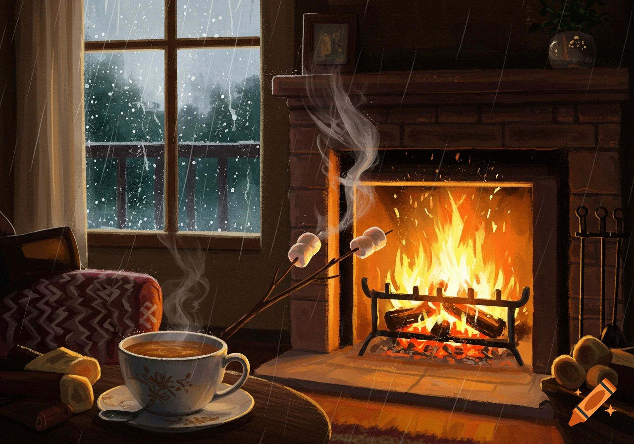 A cozy indoor scene with a roaring fireplace, marshmallows roasting on sticks, and a steaming cup of tea, as rain falls outside a large window.