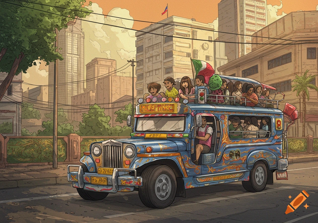 A colorful blue Philippine jeepney with many passengers on the roof and inside drives down a city street with buildings and trees.