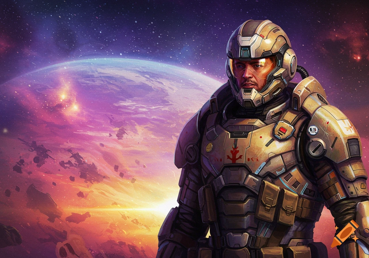 A stoic space marine in futuristic armor stands against a vibrant alien planet and a star-filled nebula.
