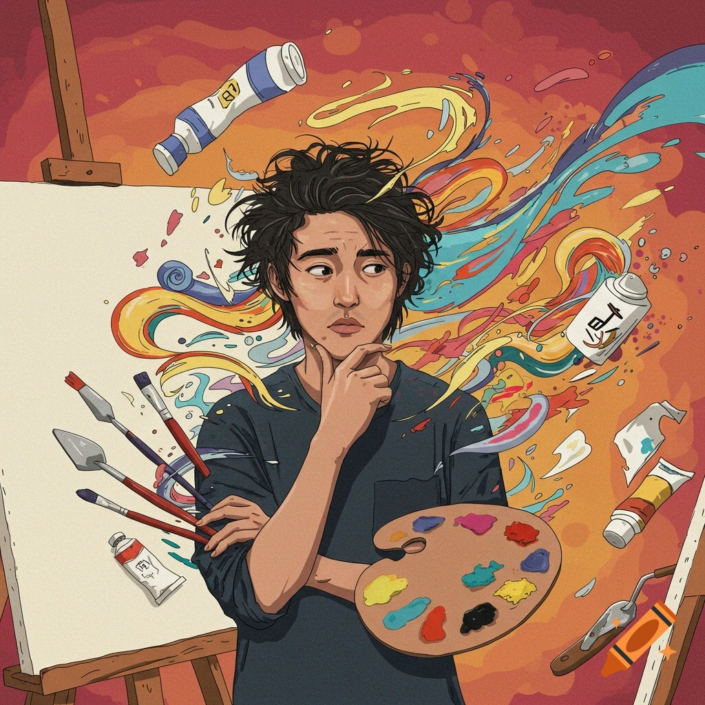 An illustration of a thoughtful male artist surrounded by colorful paint splatters, brushes, and art supplies, holding a palette and pondering in front of an easel.