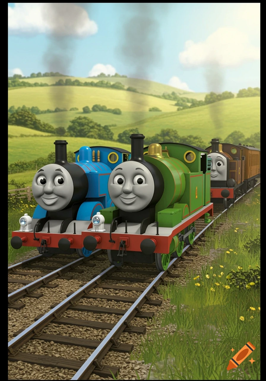 Animated Thomas and Percy the trains smile on tracks in a green countryside with another train behind them.