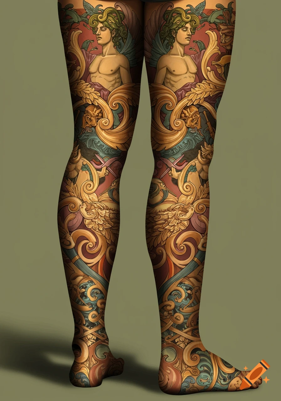 Pair of legs covered in ornate Greek mythology tattoos, featuring figures and classical patterns.