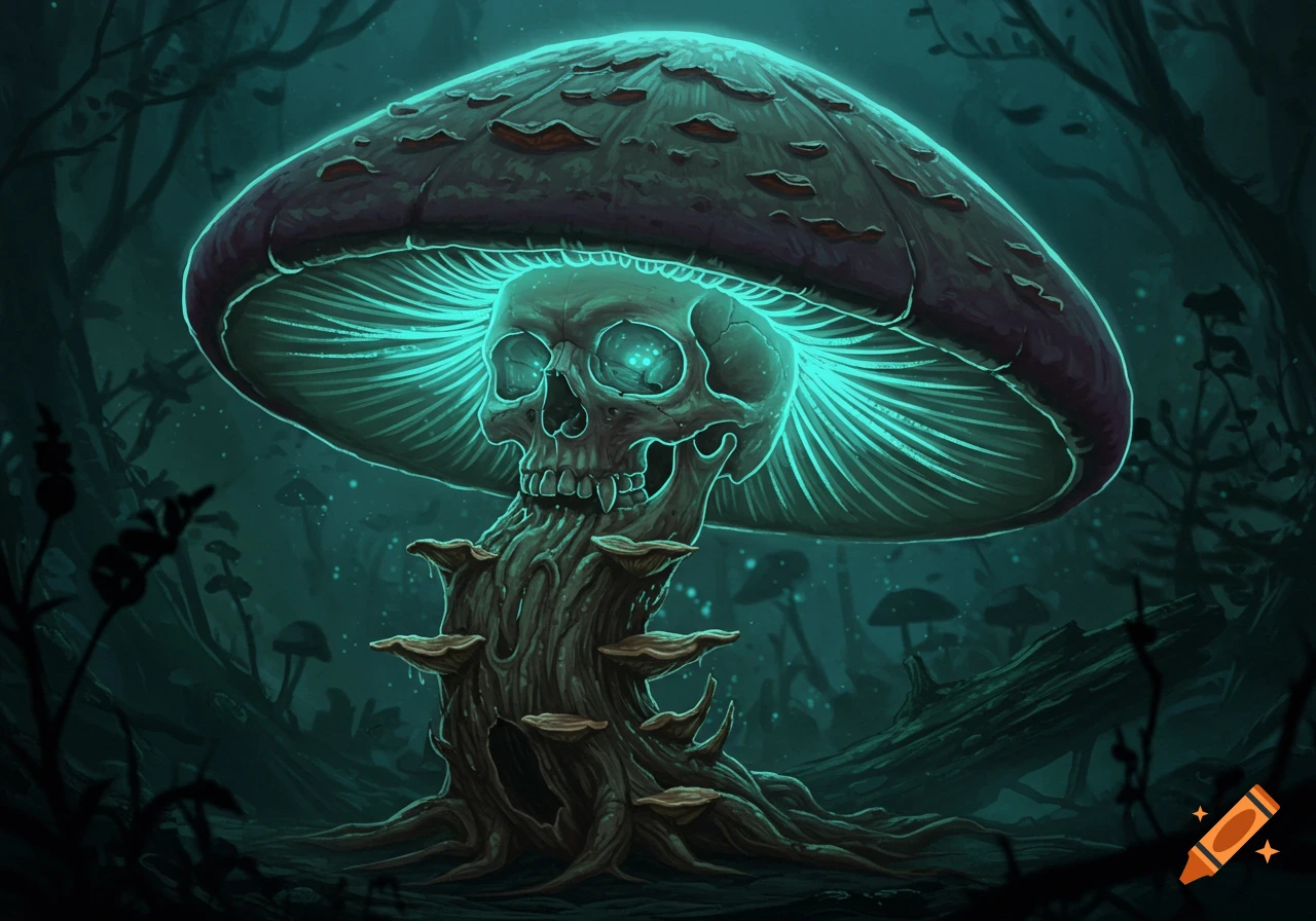 A dark, glowing mushroom with a skull for a cap stands in a mysterious, overgrown forest, emanating a bright cyan light.