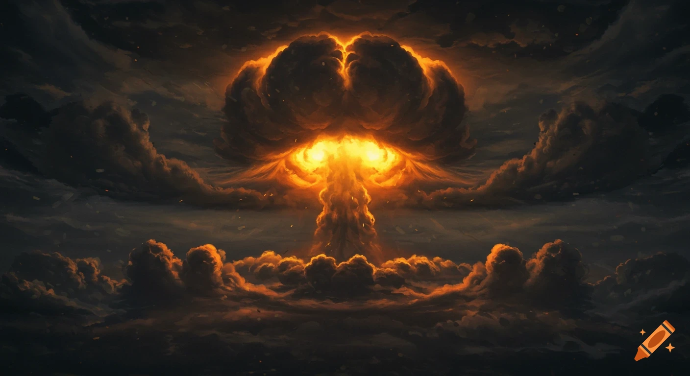 A powerful atomic explosion forms a fiery mushroom cloud against a dark, cloudy sky, with glowing embers falling.
